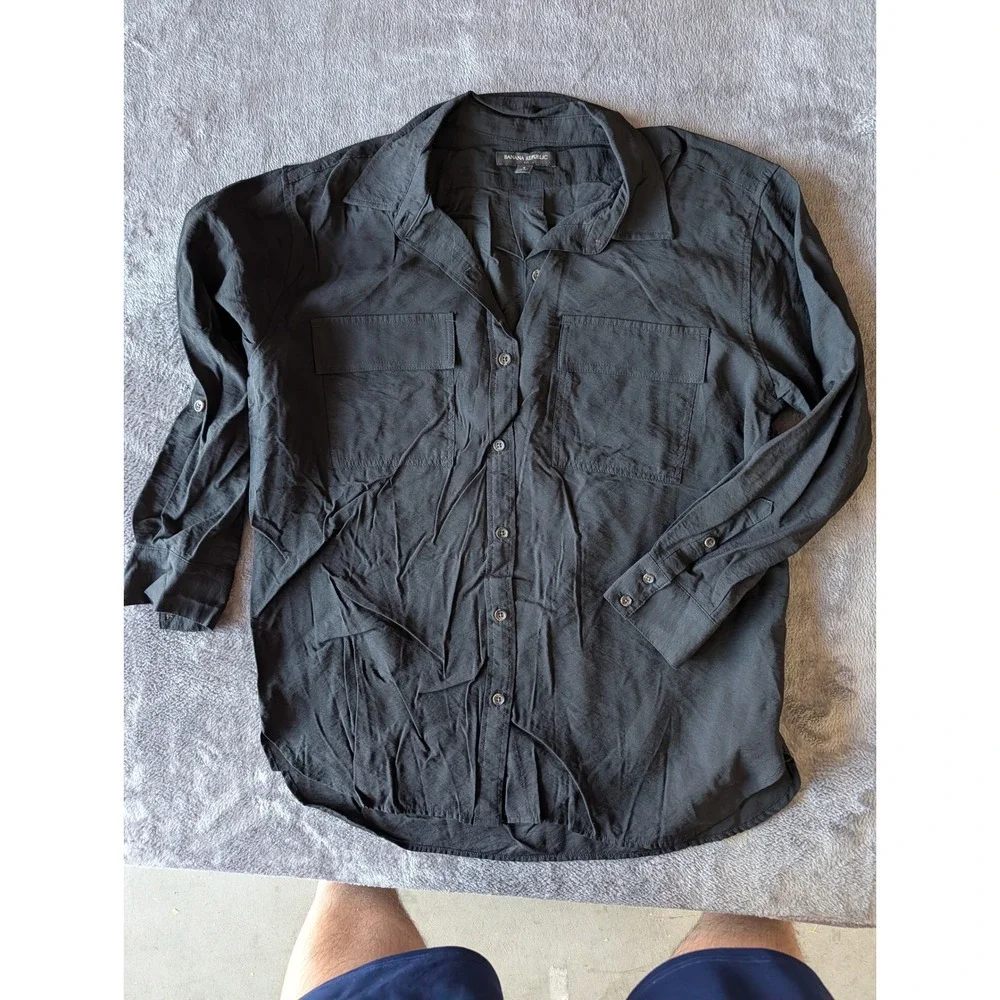 Banana Republic Mens Small Black Rayon Utility Button Down Shirt Long Sleeve